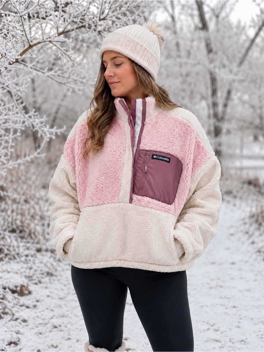 Columbia Pink & Cream Sherpa Fleece Pullover – Women’s XL – Gorpcore / Cozy L/XL